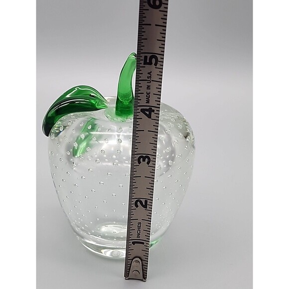 Art Glass Apple Bullicante Paperweight Clear Green Stem 4.5" Contolled Bubbles - Picture 7 of 12